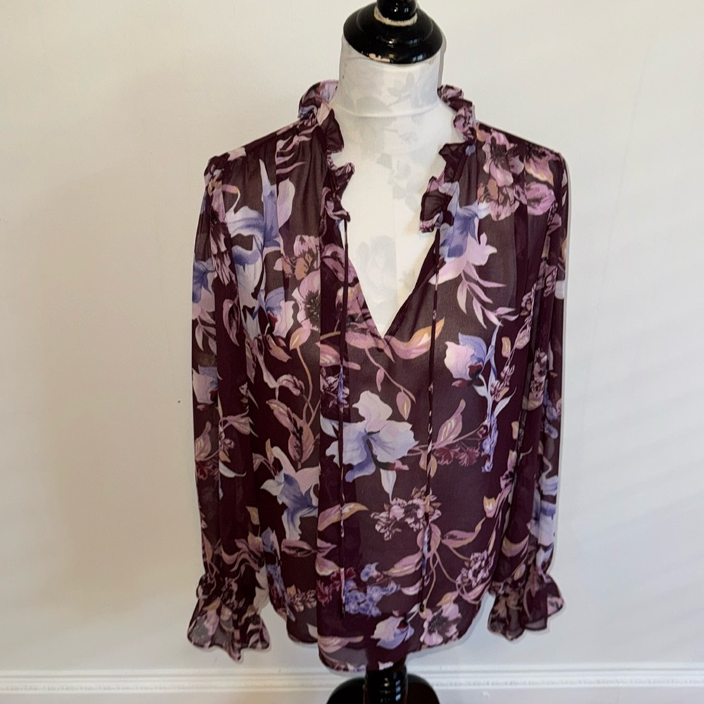 White House Black Market Long Sleeve Tie Neck Printed Blouse - Picture 3 of 10